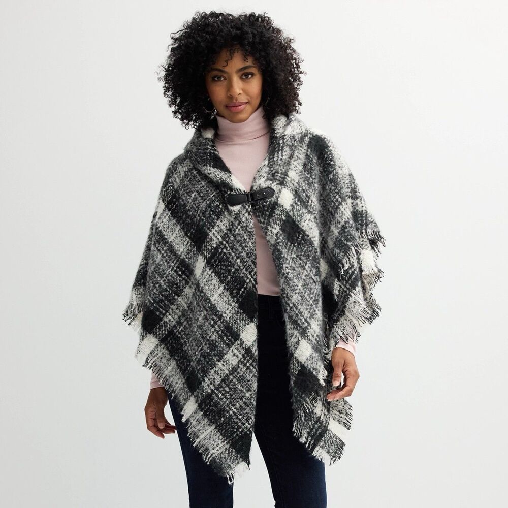 Sonoma Goods Poncho Black Boucle Colorado Plaid Shawl Toggle Women's